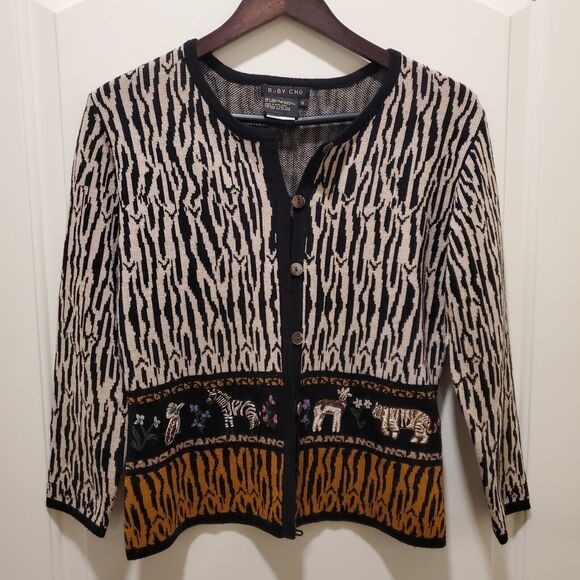 Vintage Ruby Cho Wool Blend Animal Print Embroidered Cardigan Small - Picture 1 of 9